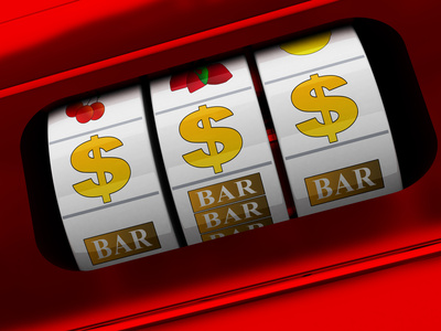 3d illustration of red slot machine with dollars jackpot